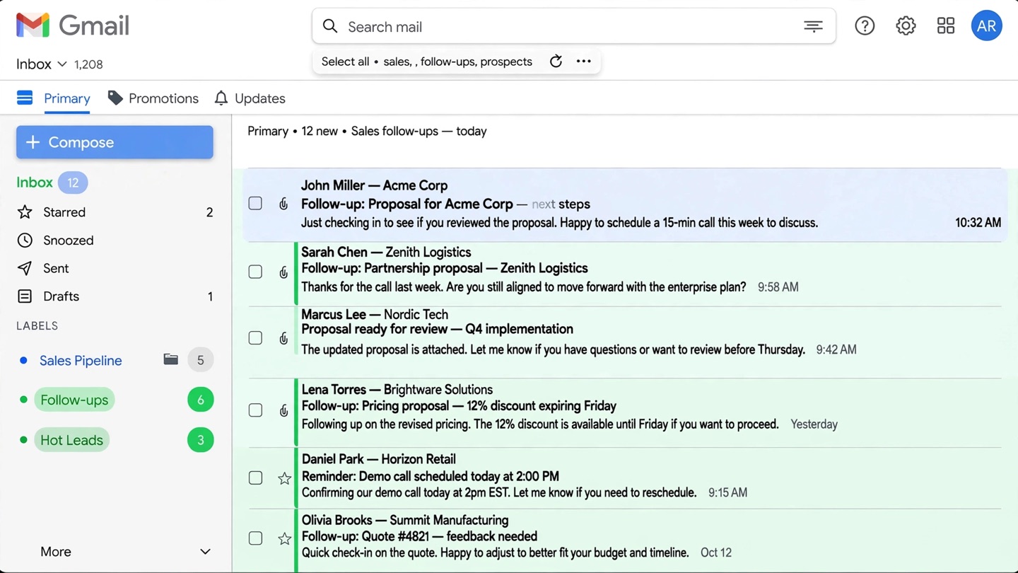 A Gmail inbox full of stalled sales follow-ups: proposals and quotes waiting on a reply.
